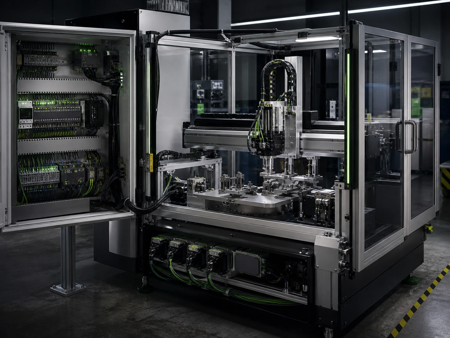 Custom industrial automation cell with control cabinet, sensors and precision fixture