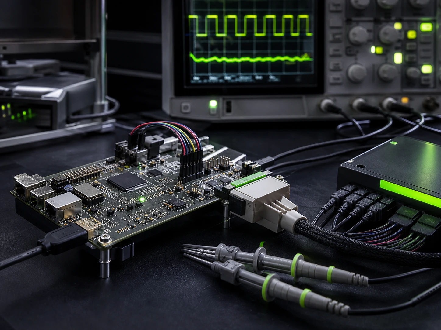 Embedded systems debugging bench with controller board, probes and oscilloscope